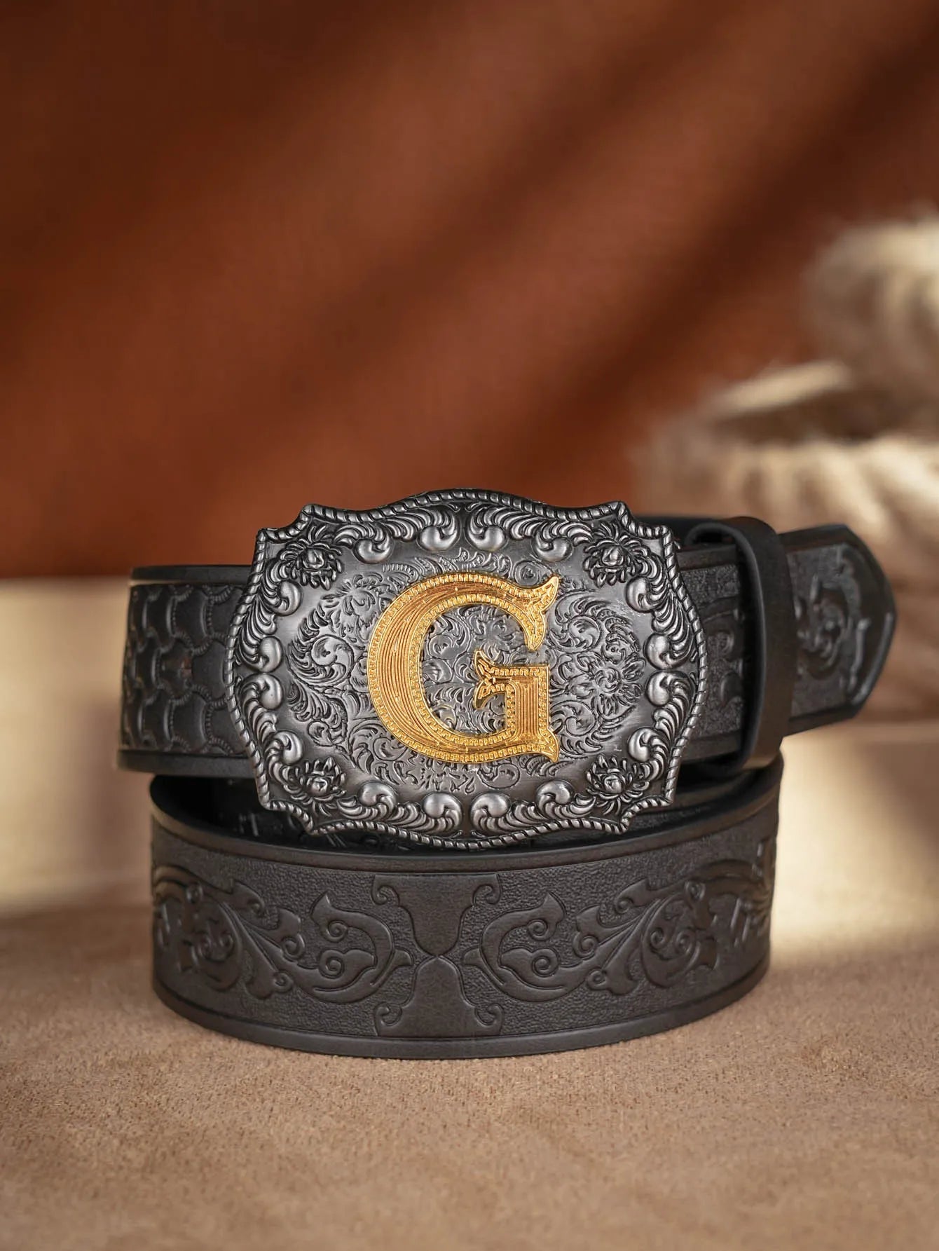 Western Cowboy PU Leather Belt  Waist Strap Bull Decoration Floral Engraved for Jeans