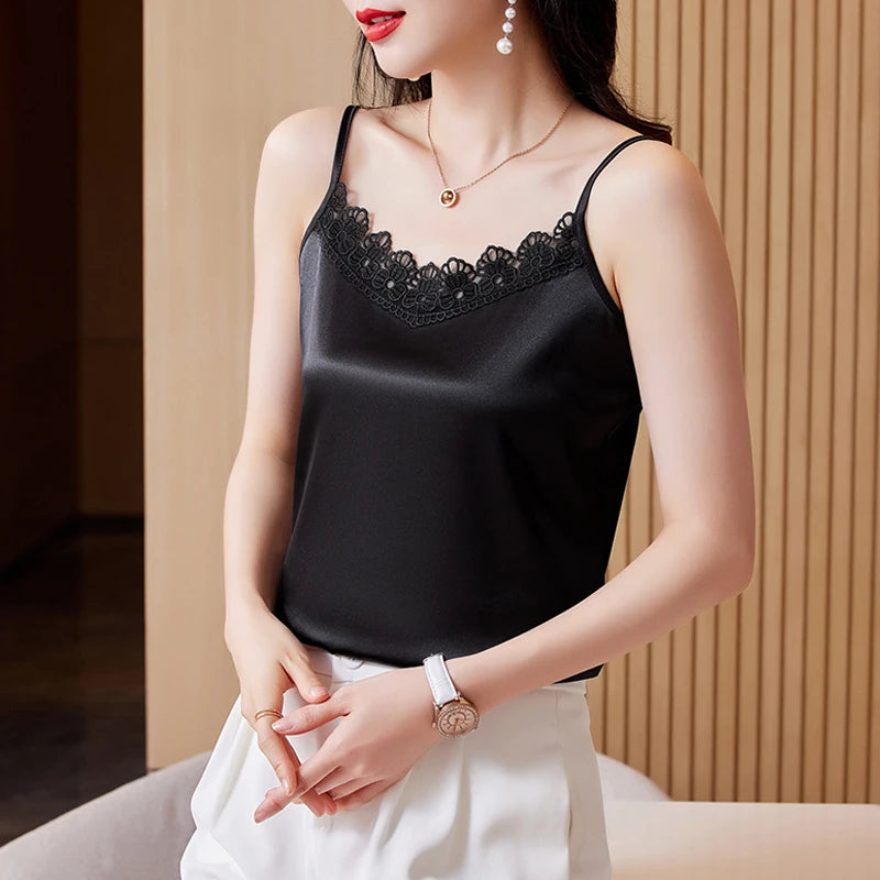 Lace  V-neck Corset Top Solid Summer Sleeveless Satin Blouses