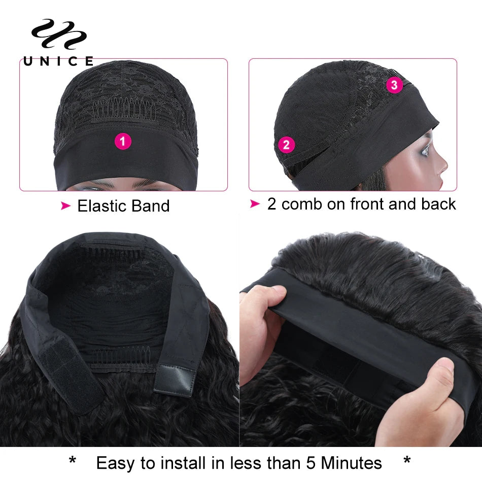 UNice Hair Water Wave Headband Wig 100% Human Hair Wigs Ready To Wear Beginner Friendly Glueless Wigs Send Free Headband Scarf