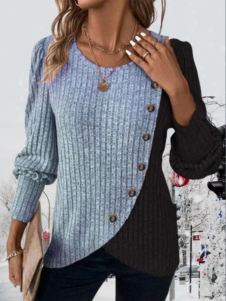 Long Sleeve Buttons Pit Striped Women Sweaters Contrast Color  O-Neck Pullovers Loose Simple Knitted Clothing
