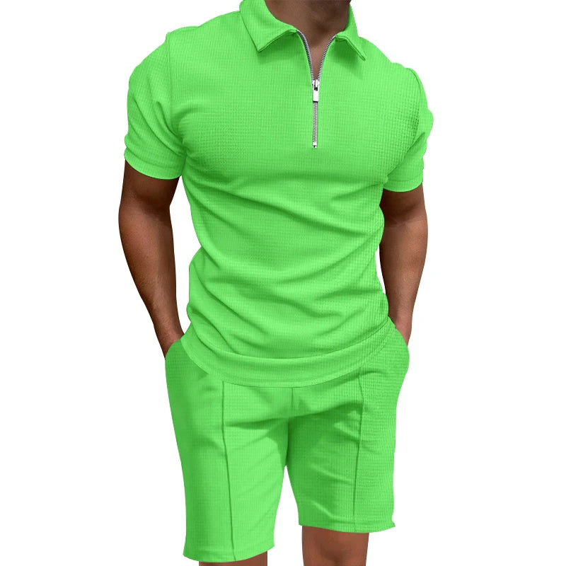 Cross border men's polo shirt set solid color waffle short sleeve slim lapel t-shirt casual men's shorts set
