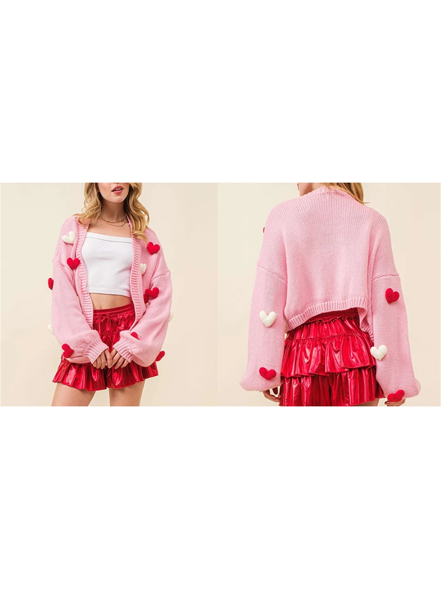 Valentine s Day Heart Print Knit Cardigan Sweater Long Sleeve Embroidered