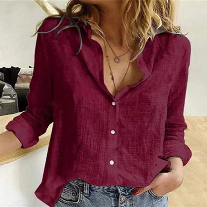 Elegant Cotton Linen Shirts Women Casual Solid Button Lapel Blouses Shirts  Long Sleeve Loose Tops