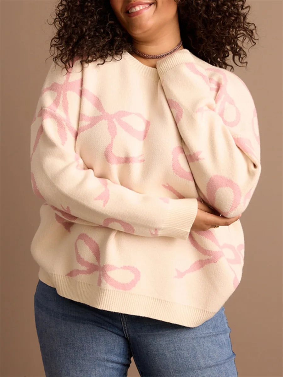Women s Plus Size Sweater Bow Print V-Neck Long Sleeve Pullover Knit