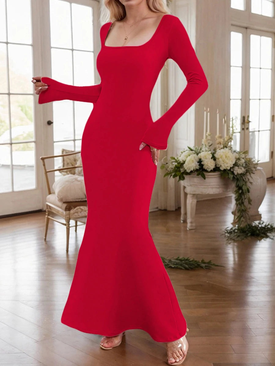 Maxi Dress with Ruffle Detail and Long Sleeves