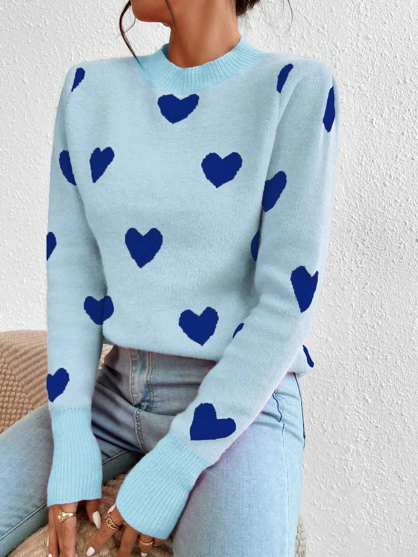 Women's Chic Blue Heart Pattern Crew Neck Sweater - Cozy Long Sleeve Knit Pullover, Soft Acrylic/Nylon Blend
