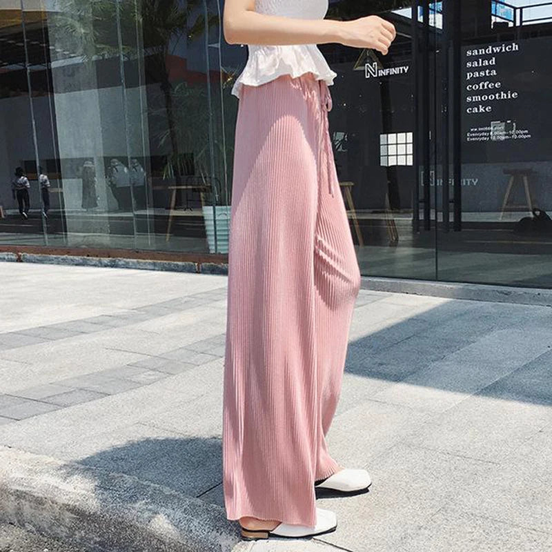 Women's Fashion Summer Wide Leg Pants Pleated Ice Silk Trousers Elastic Waist Loose Casual Pants