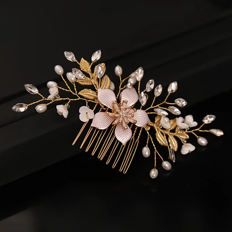 Crystal Flower Leaf Pearl Hair Comb Pin Band Headband For Women  Party Wedding Bridal Hair Accessories Jewelry
