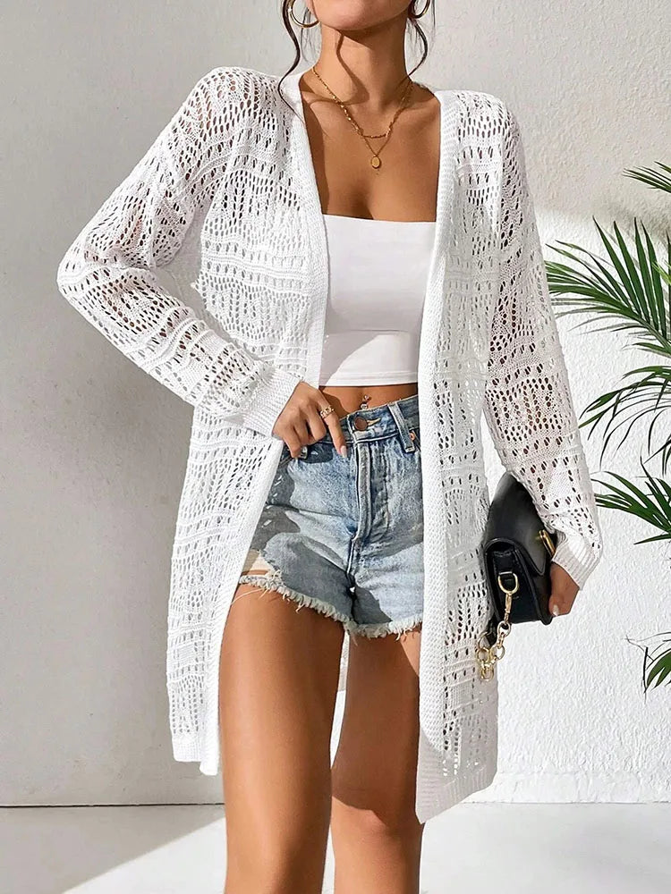 solid color knitted cardigan with sun shading and loose fitting fashion, mid length and elegant sweater