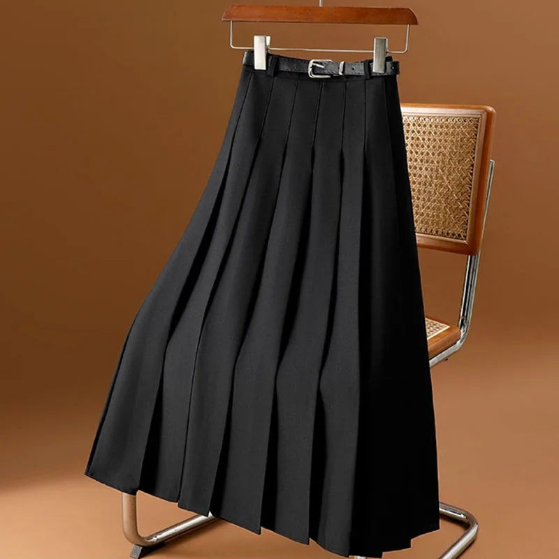 Pleated High Waist A-Line Folds  with Belt Midi Skirt