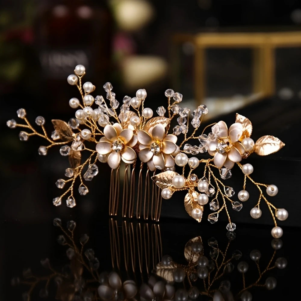 Gold Color Crystal Pearl Hair Comb Headband For Women Bride Party Bridal Wedding Hair Accessories Jewelry Comb Headband