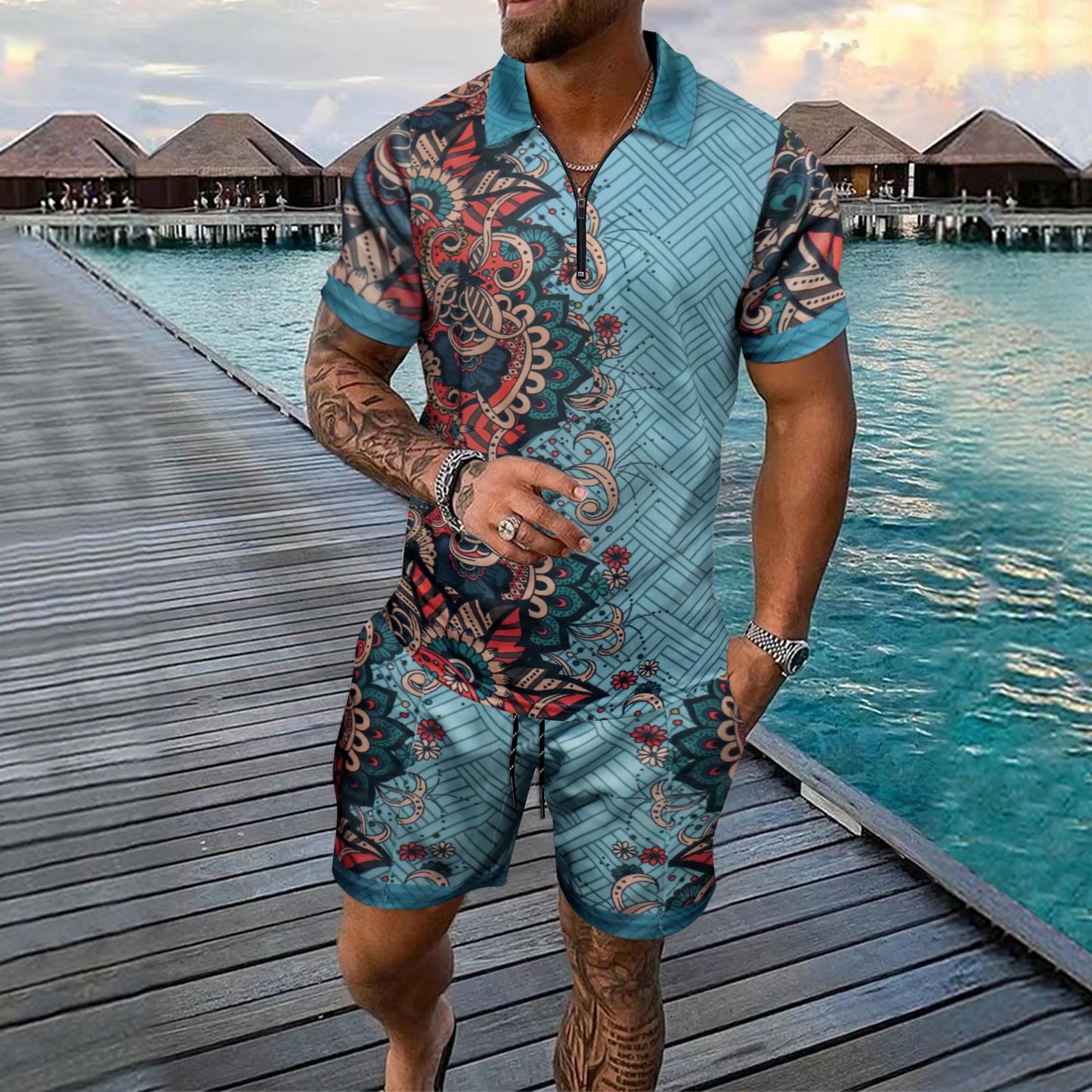 European And American  Summer Men's Loose Fashion Print Casual mixed Short-sleeved T-shirt And Shorts Set
