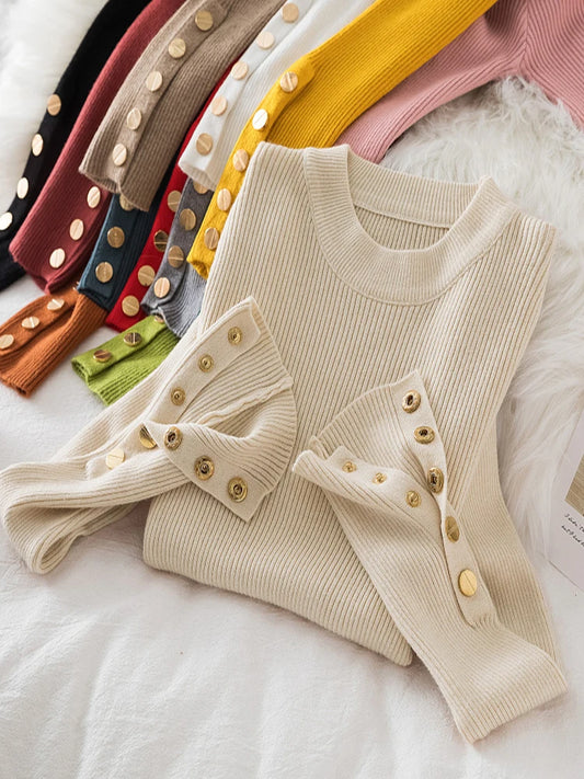 Women's thick sweater pullovers casual button o-neck chic sweater female knit top soft jumper tops