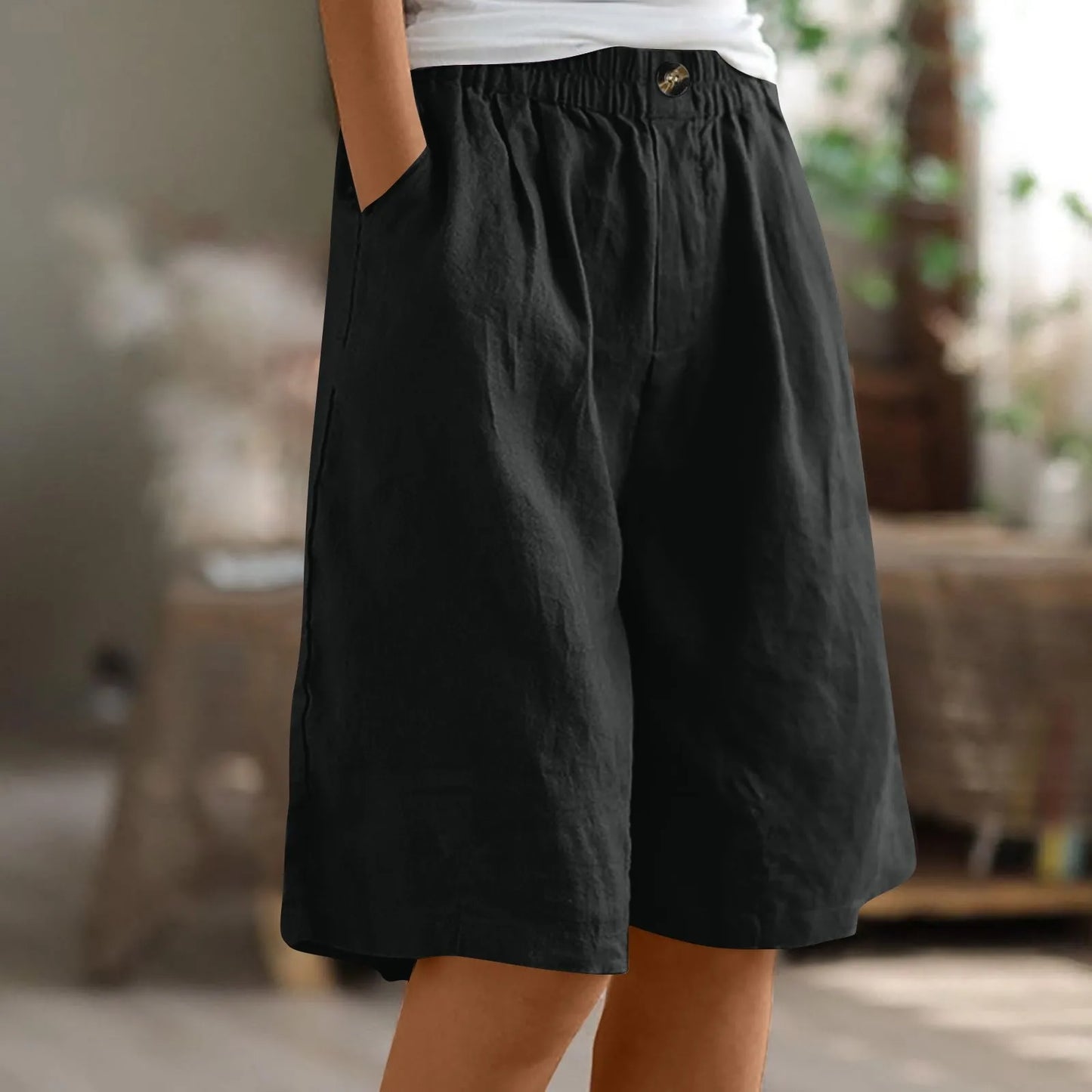Women's Fashion Solid Color Shorts Pocket Button Up Capris Loose Elastic Waist Cotton Linen Shorts