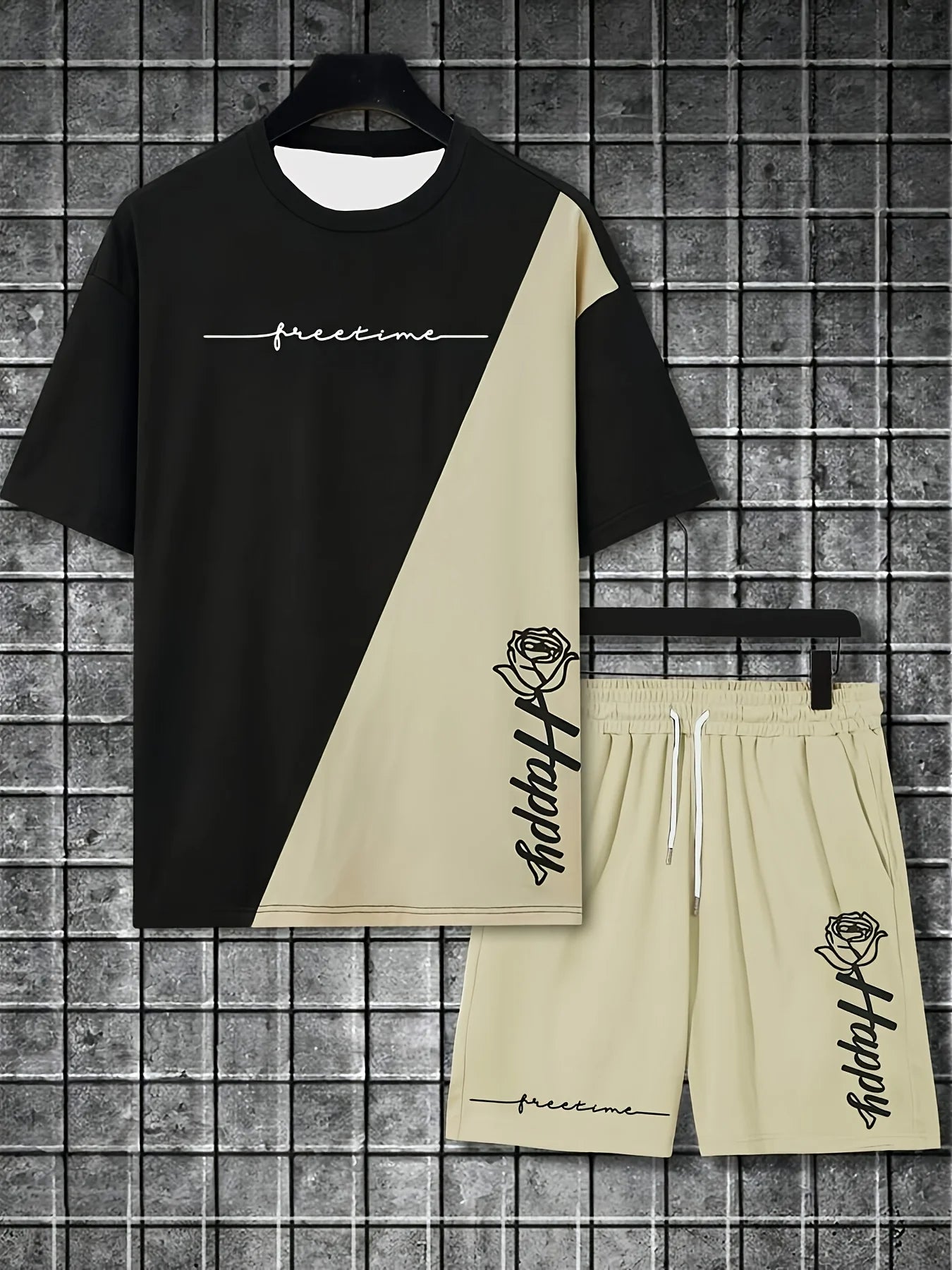 Men's T-Shirt Basic Print T-Shirt Casual Summer Short Sleeve Shirt Top and Drawstring Shorts Set