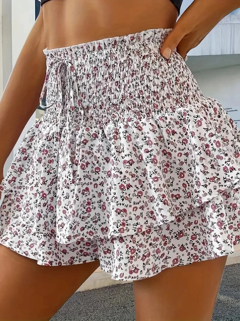 Spring and summer small floral print elastic waist elegant layered hem shorts fashion casual high waist shorts