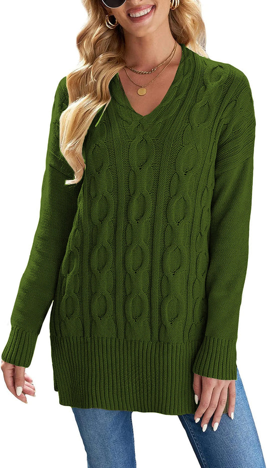 Plus Size Cable Knitted Pullover Sweater, Casual V Neck Long-Sleeved Slit Sweater
