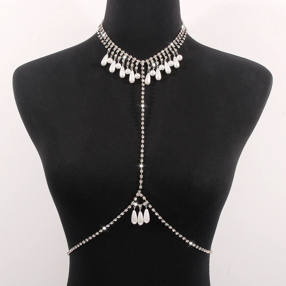 Pearl Pendant Crystal Chest Chain Necklace Rhinestone Lingerie Harness Body Chain  Jewelry