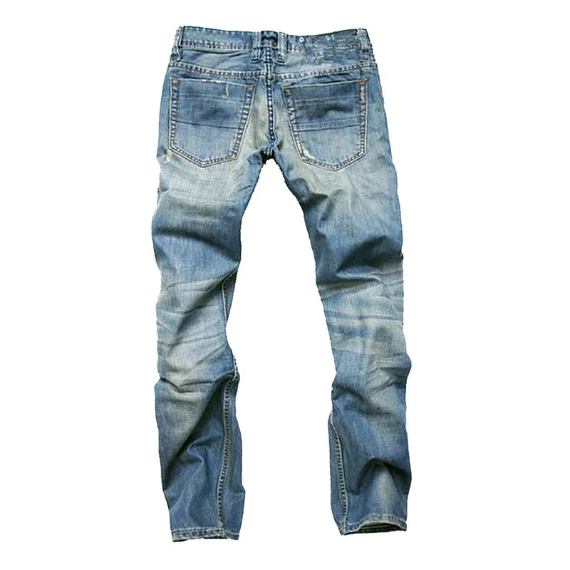 Fashion Button Fly Ripped Nostalgic Jeans  Trousers Straight Slim Fit Cotton High Quality Casual Denim Pants