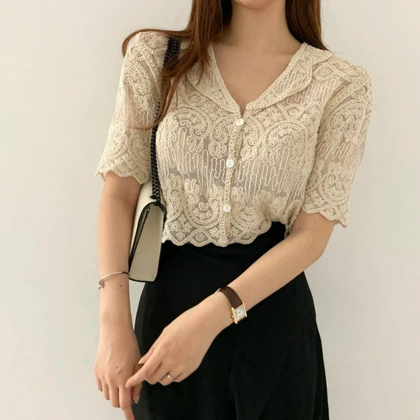 Sheer Embroidery Lace Blouse Cover Up Top Short Sleeve Button Front Women Summer Boho Vacation Outfit