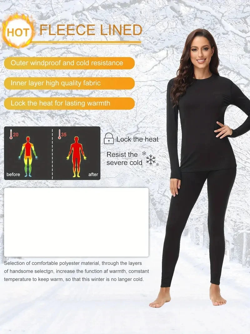 Round neck women's thermal underwear with fleece thermal underwear 2-piece se