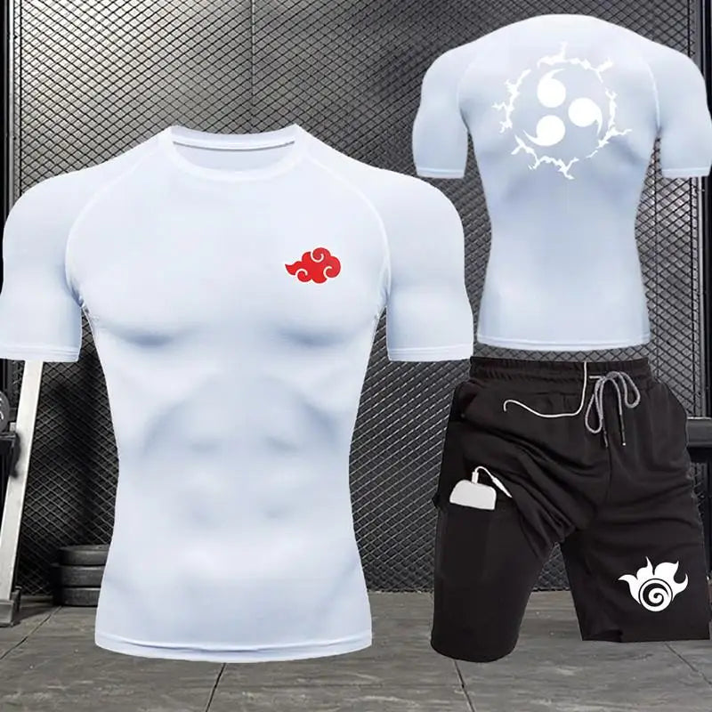 Jogging Breathable Compression Sportswear Summer Men's Training Two-piece Tight T-shirt Fitness Shorts Gym Workout Set S-3xl