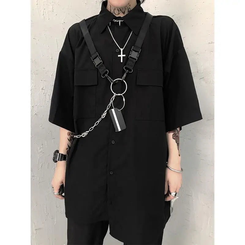 ARENS Techwear Goth Gothic Clothing Men's Shirt Short Sleeve Male Shirt Punk Rave Men's Shorts Set Streetwear Hip Hop Hippie