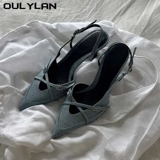 Sexy High Heels Pumps Shoes Pointed Toe Slingbacks Denim