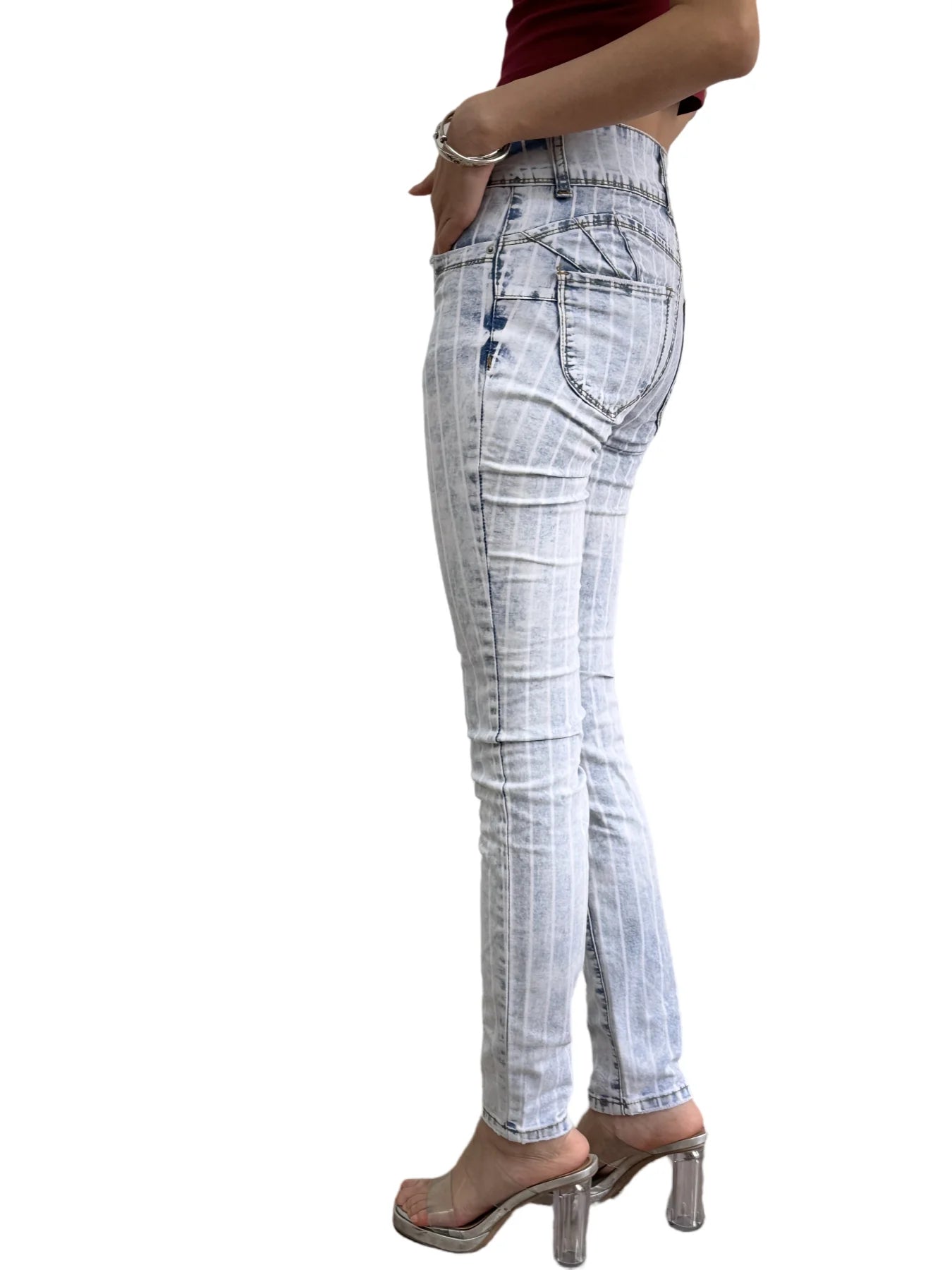Women's stretch tight jeans, yarn-dyed striped fabric, rear hip lift design, suitable for all seasons