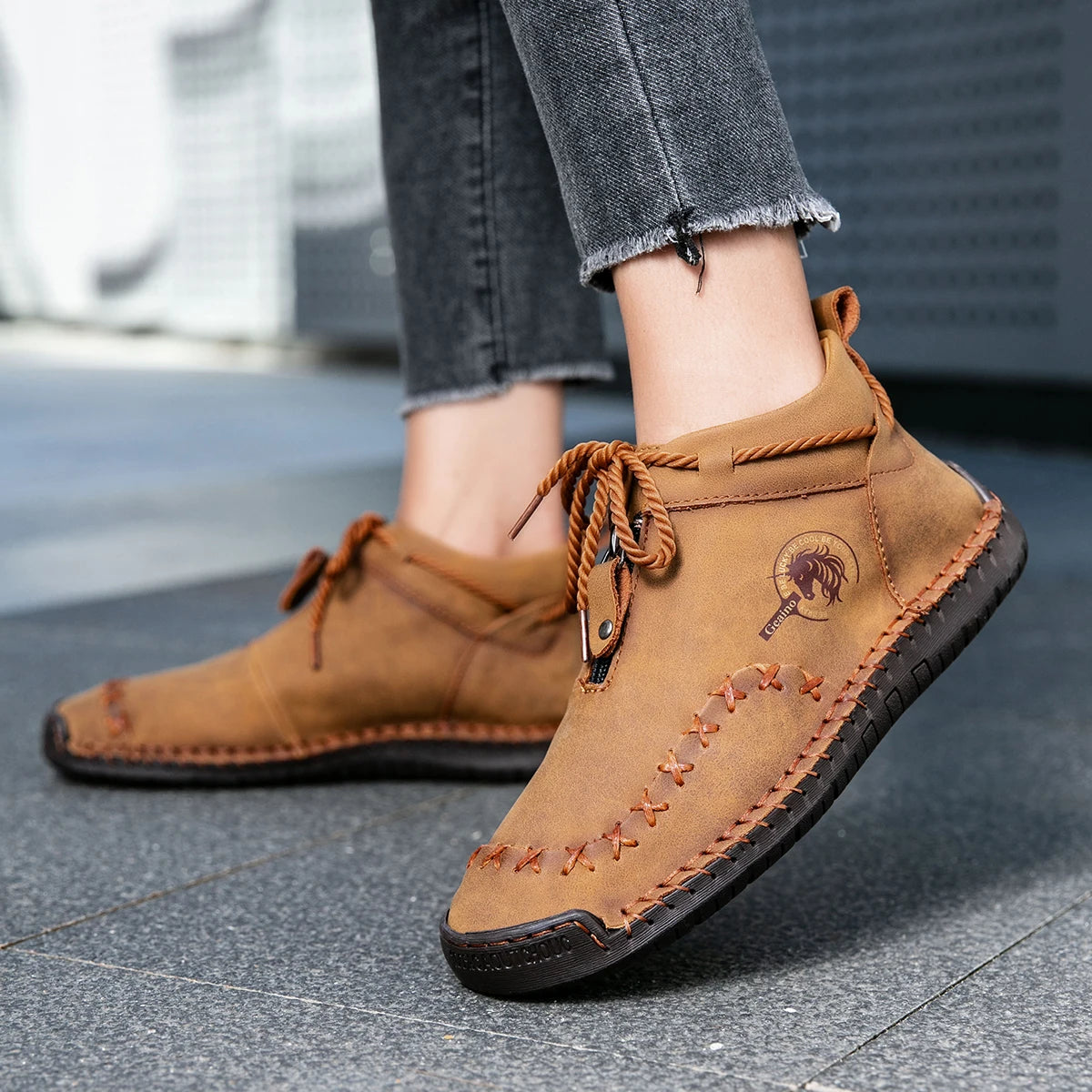 Western Chic Handmade Ankle Boots - Premium Hand-Stitched, Soft Leather, Casual Outdoor Shoes