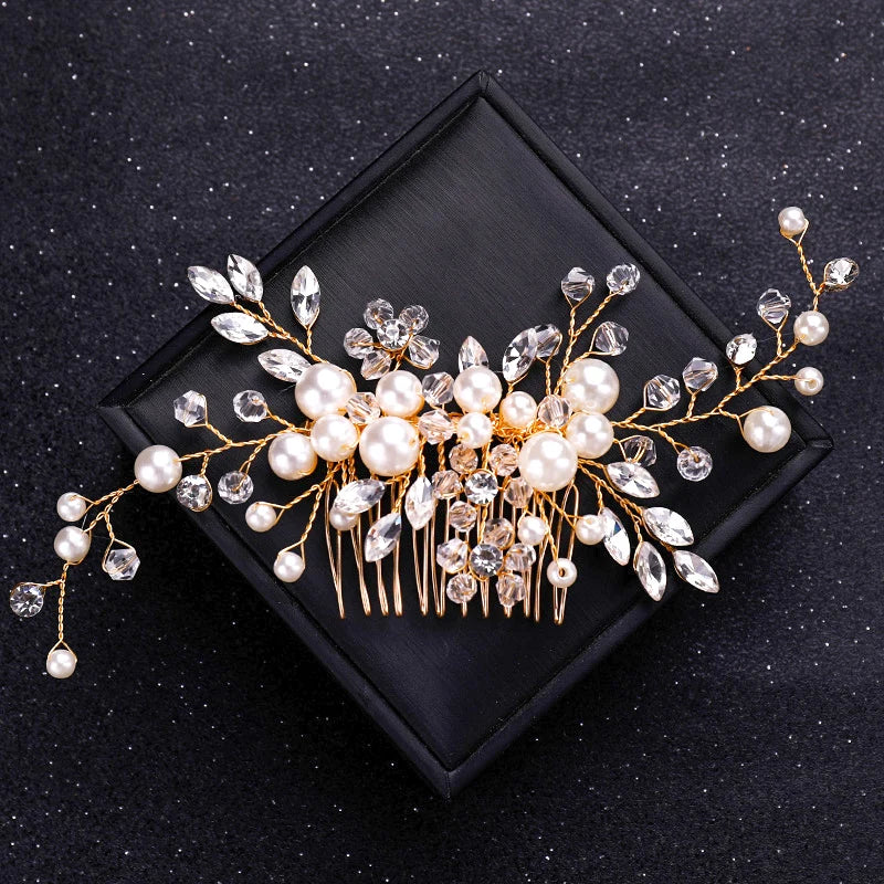 Gold Color Crystal Pearl Hair Comb Headband For Women Bride Party Bridal Wedding Hair Accessories Jewelry Comb Headband