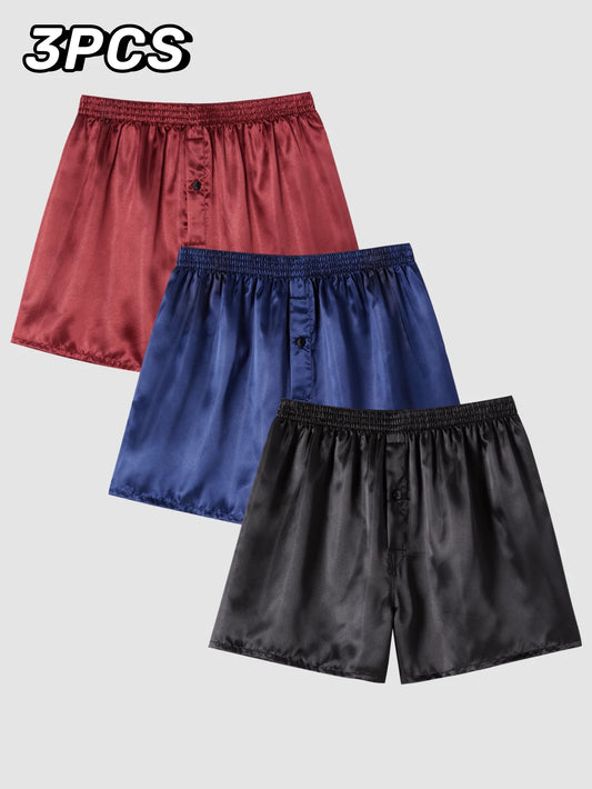 JupiterSecret 3pcs Men's Underwear Satin Casual Boxer Shorts Silk Feeling Sleep Shorts with Elastic Waistband and Button