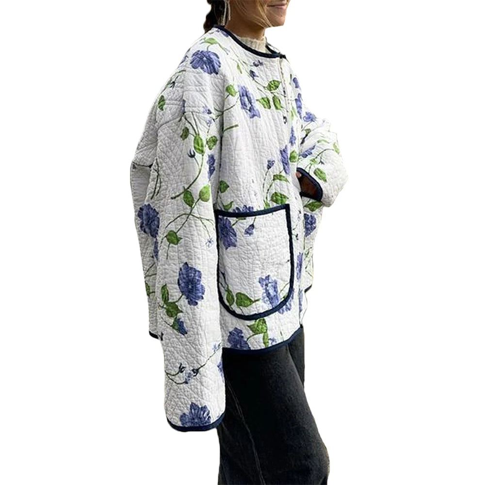 Floral Print Pocket Cardigan Quilted Jacket Elegant High Street Outerwear