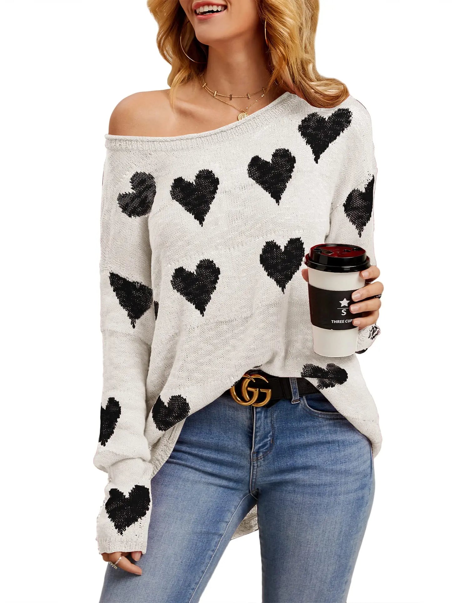Women's  Heart Print Knitted Sweaters Soft Oversized Off The Shoulder Loose Knitted Valentine Pullover