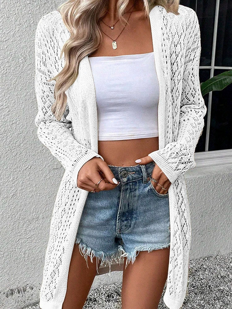 Fashionable and elegant hollow knitted sweater solid color V-neck perforated commuter women's top with open collar