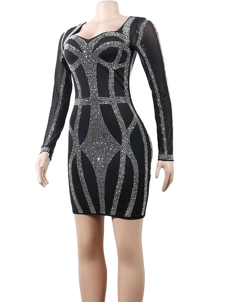 Sparkle Black Rhinestone Bodycon Mini Dress Mesh Sleeve Sequins