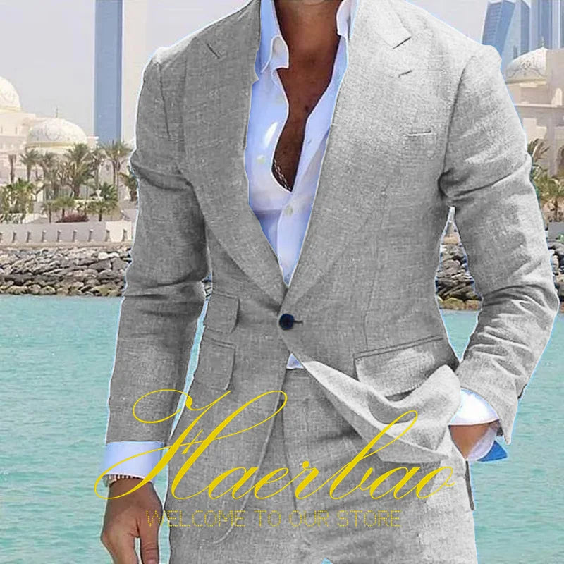Summer Men's Linen Suit Set of 2 Wedding Groom Tuxedo Formal Lapel Jacket Pants Fashion Tailored Blazer for Men