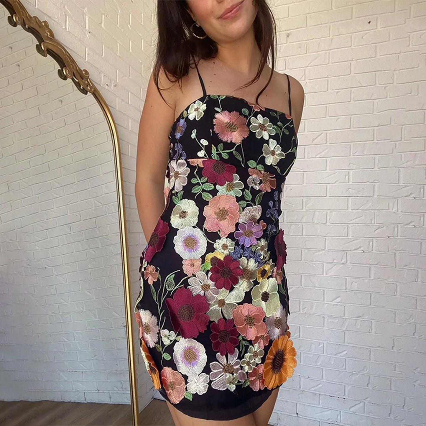 Oscar De La Renta Women Dress Vintage Backless Sexy Elegant Party Dress Mini Chiffon Floral Embroidery Mesh Lace Cocktail Dress