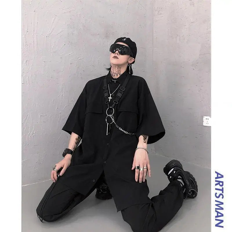 ARENS Techwear Goth Gothic Clothing Men's Shirt Short Sleeve Male Shirt Punk Rave Men's Shorts Set Streetwear Hip Hop Hippie