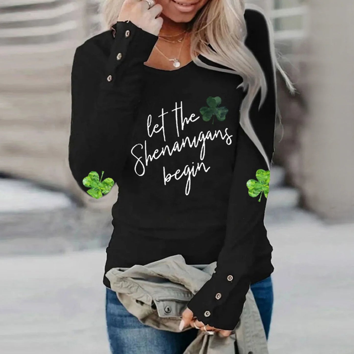 Women's St Patrick's Day Irish T-Shirts Green Clovers Print Long Sleeve Round Neck Loose Casual Tees