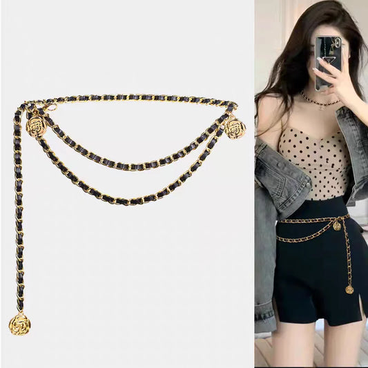 High Quality Metal Waist Chain Belts For Women Round Flower Pendant Chain Strap Rope Female Fine Waistband