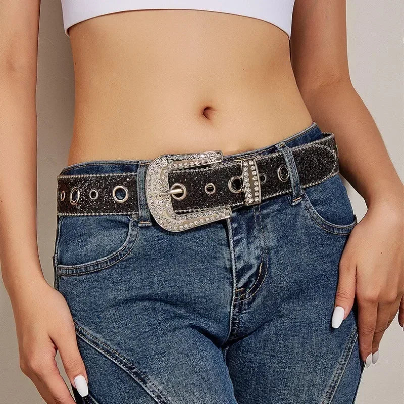 Punk Rhinestone Belt  3.8cm  Sequin Designer Belts Pu
