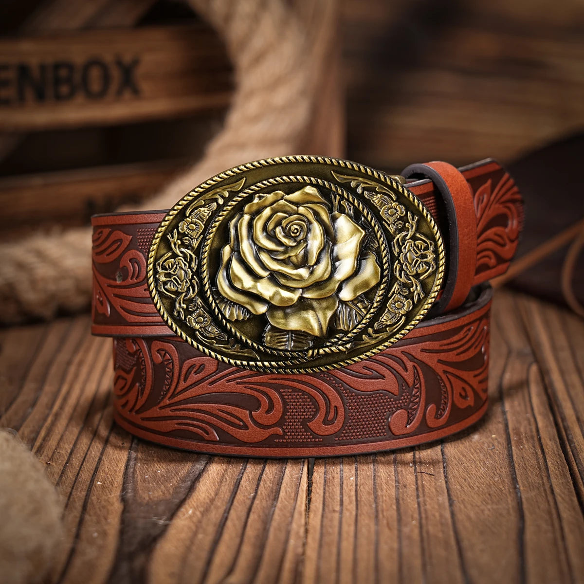 Western denim PU Belt -Women's decorative printed carved denim waistband Rose