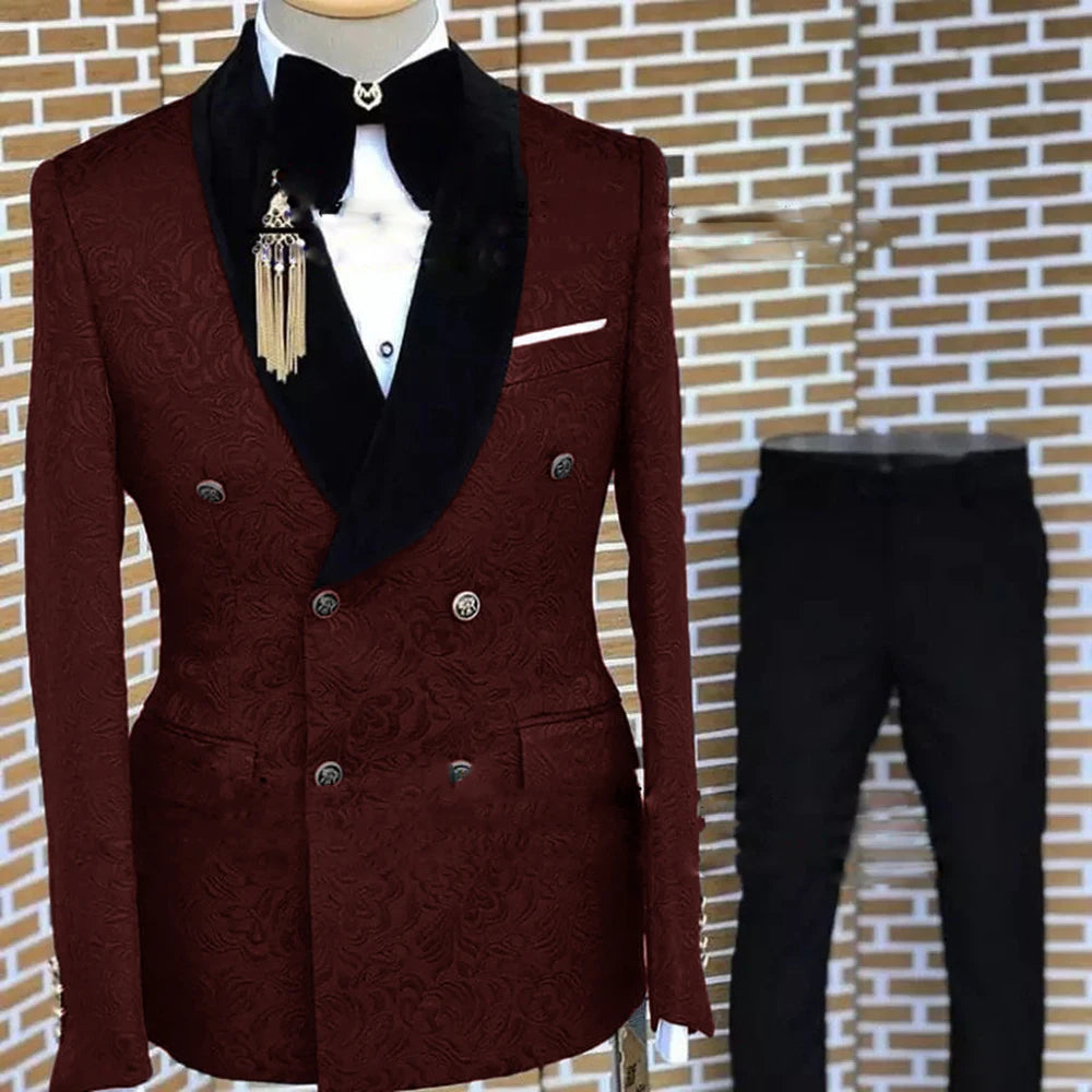 Gray Formal Suit for Men Floral Jacket Pants 2 Piece Set Tuxedo Elegant Men's Suit Handsome Blazer