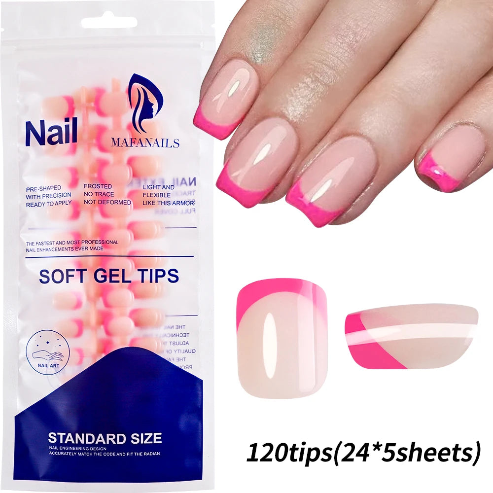 120pcs Pink French Tip Press-On Nails Medium Length Square Shape With Glossy Finish False Nails Full Cover Pre-Shaped Fake Nails