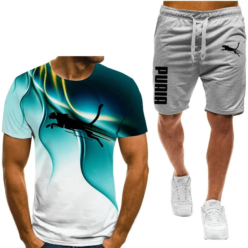 Two piece animal pattern printed men's suit summer casual daily men's short sleeved T-shirt outdoor street men's sports shorts