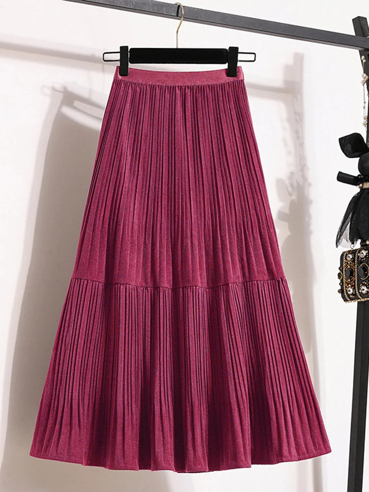 Velvet  Umbrella Skirt Folded High Waist  Medium Long  A-line