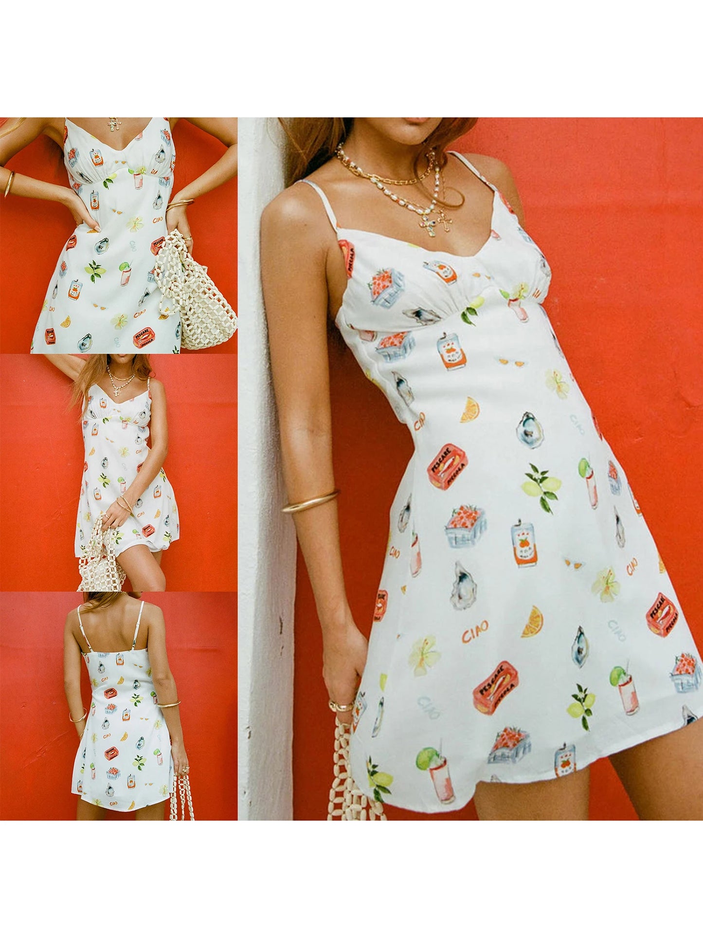 Floral Print Spaghetti Strap V-neck Backless A-line Dress