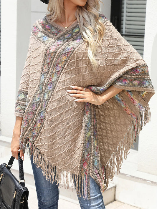 New Tassel Sweater Plus Size Pullover Shawl V-Neck Knitwear Women's Straight Shoulder Rainbow Striped Tassel Cape Shawl Sweater