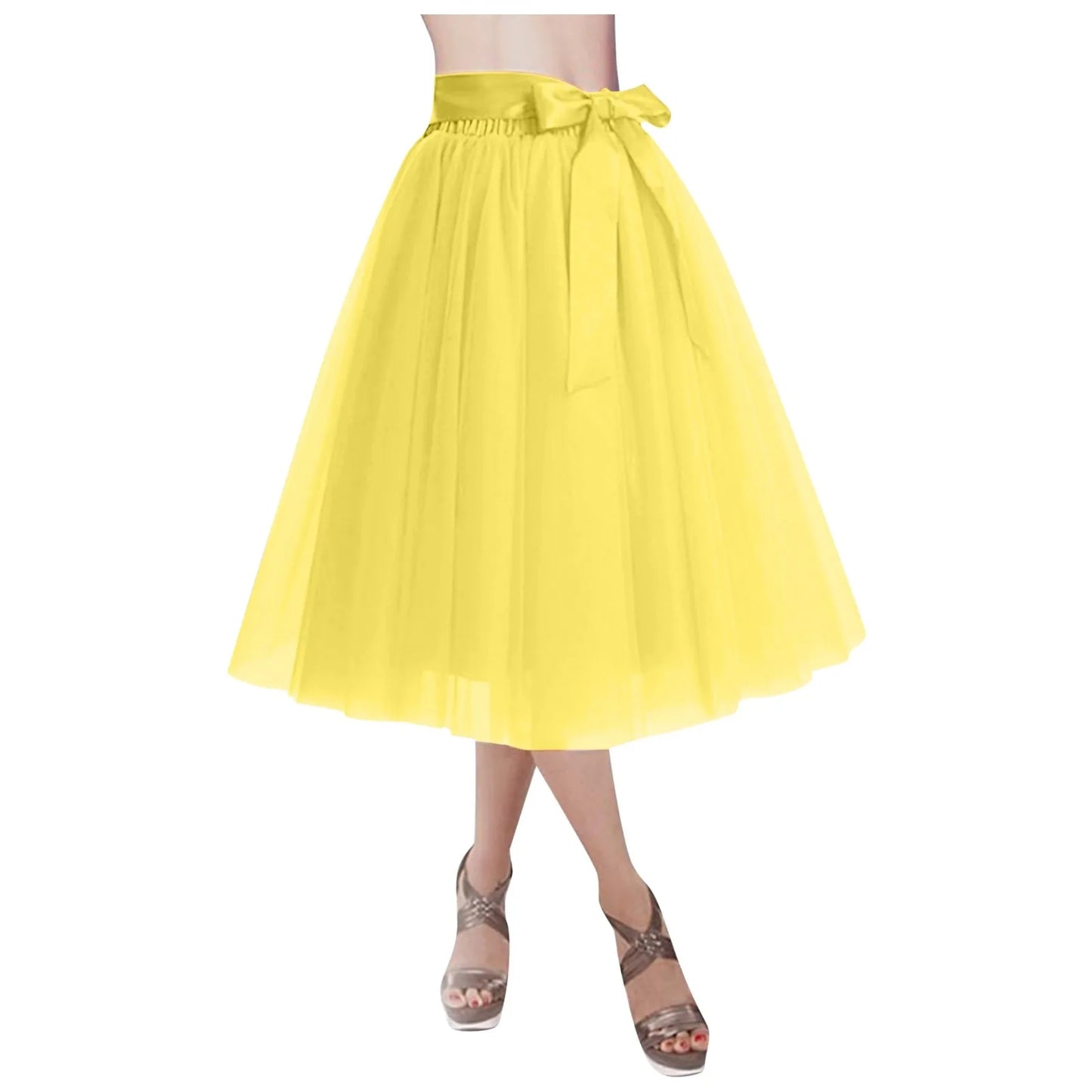 Women's Knee Length Mesh  Skirt Solid Color Elegant Elastic High Waist A-Line Petticoat
